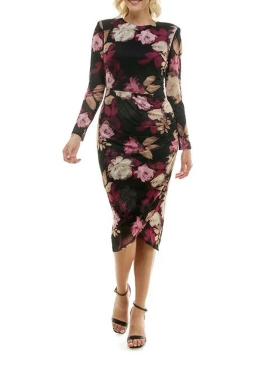 Taylor Dresses & Skirts - Taylor Floral Mesh Ruched Midi Dress 16W Black Pink Long Sleeve Plus